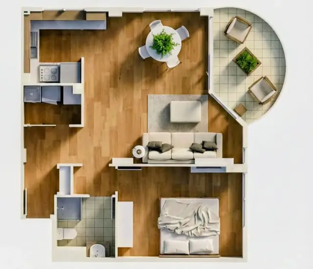 Floor plan: living, kitchen, bedroom, bathroom and curved balcony